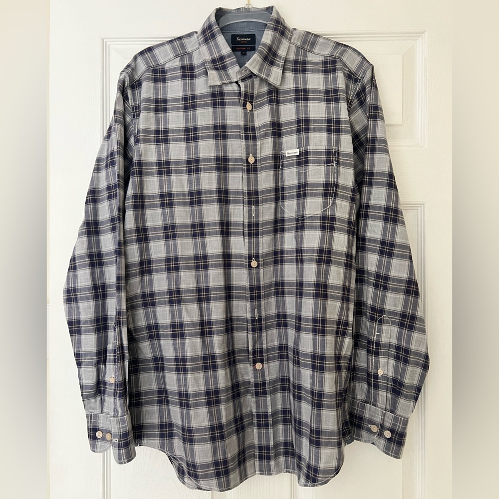 Façonnable Jeans Shirt Mens Med Blue Plaid Regular Long Sleeve Button Front